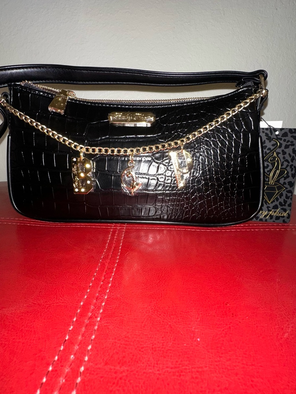 Betsey Johnson Black Croc-Embossed Shoulder Bag with Gold Charm Chain